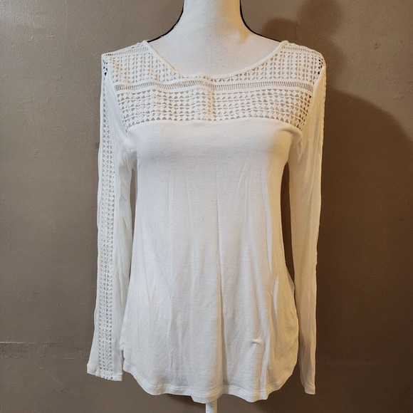 H&M Womens Pullover Slinky Stretch Knit Tee Size S White Keyhole Neck Lace Top - Picture 3 of 12
